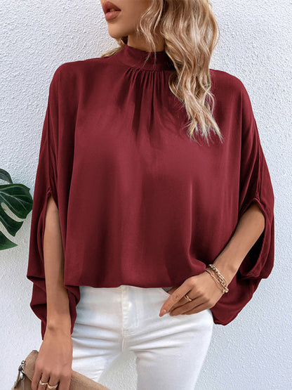 Blouses- Elegant Women's Batwing Sleeves Blouse: Stand Collar, Tie Back- - IndioGear Fashion and Gear