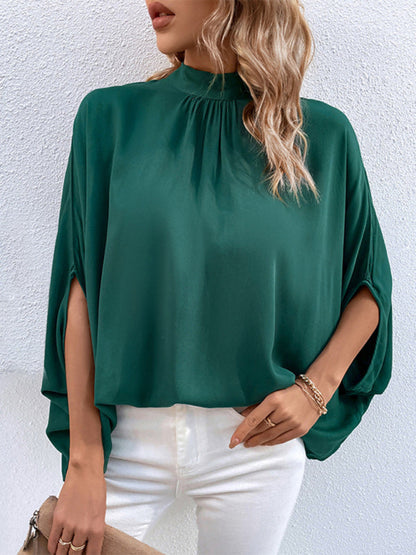 Blouses- Elegant Women's Batwing Sleeves Blouse: Stand Collar, Tie Back- Green black jasper- IndioGear Fashion and Gear