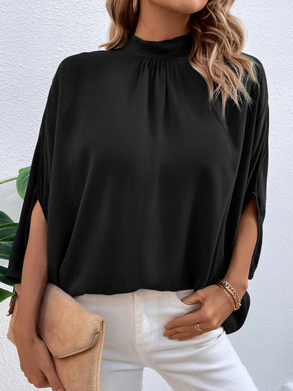 Blouses- Elegant Women's Batwing Sleeves Blouse: Stand Collar, Tie Back- Black- IndioGear Fashion and Gear