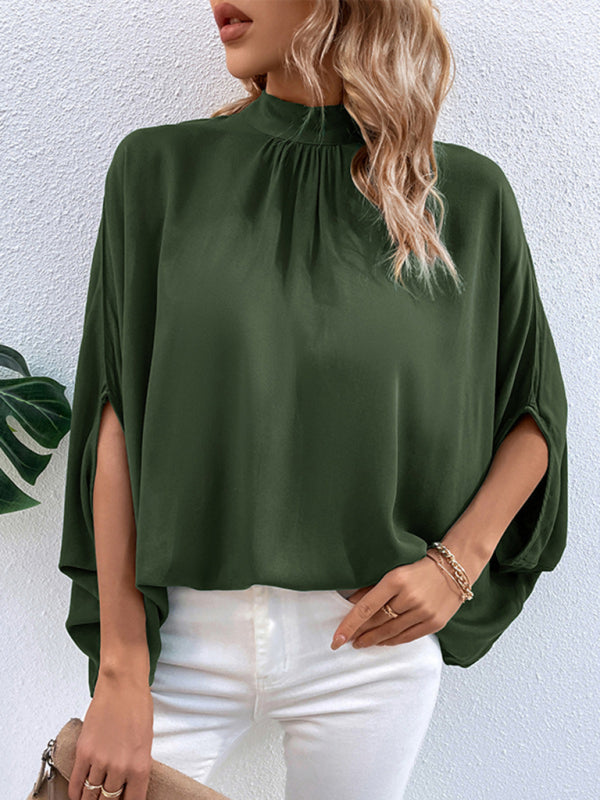 Blouses- Elegant Women's Batwing Sleeves Blouse: Stand Collar, Tie Back- Olive green- IndioGear Fashion and Gear