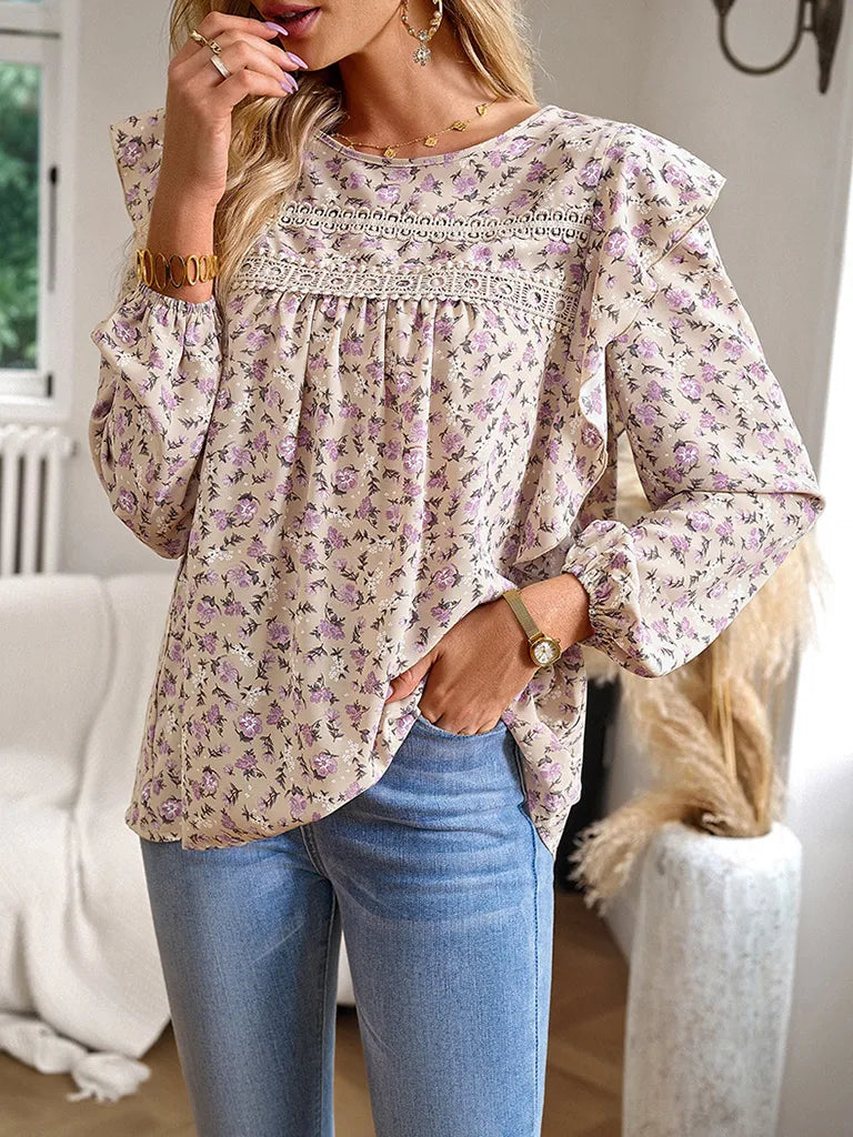 Blouses- Exquisite Floral Women's Lace Insert Blouse - Long Lantern Sleeve Top- - Pekosa Women Clothing