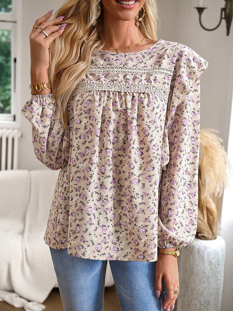 Blouses- Exquisite Floral Women's Lace Insert Blouse - Long Lantern Sleeve Top- - Pekosa Women Clothing