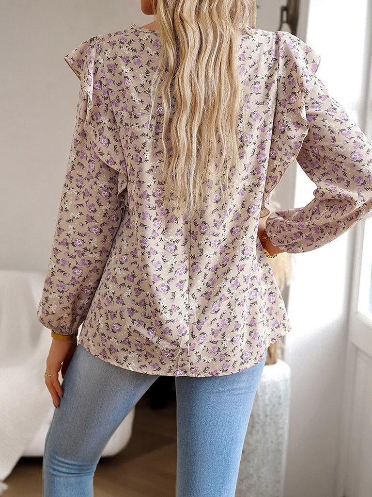 Blouses- Exquisite Floral Women's Lace Insert Blouse - Long Lantern Sleeve Top- - Pekosa Women Clothing