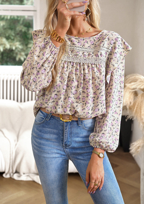 Blouses- Exquisite Floral Women's Lace Insert Blouse - Long Lantern Sleeve Top- Khaki- Pekosa Women Clothing