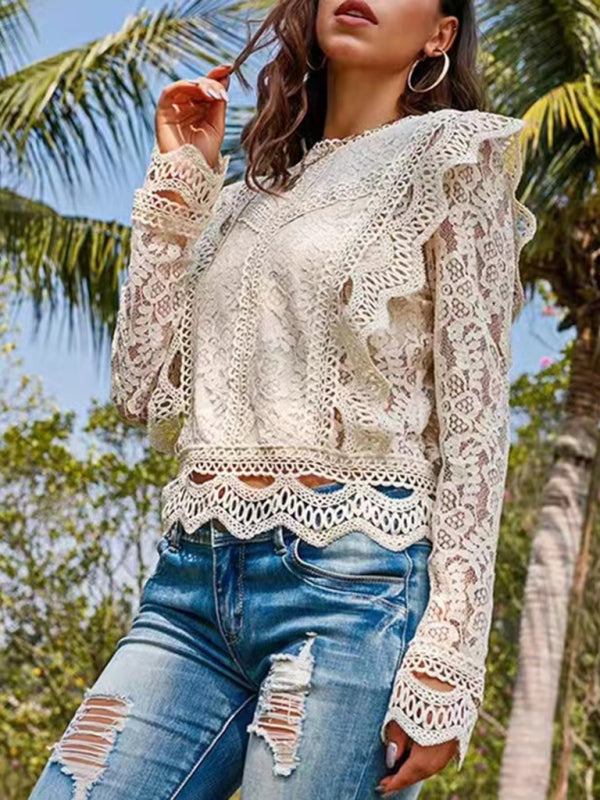 Blouses- Feminine Delight Women's Long Sleeves Lace Blouse - Elegantly Charming- - IndioGear Fashion and Gear