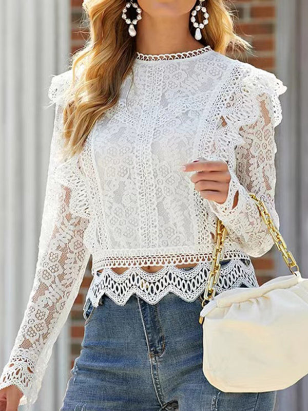 Blouses- Feminine Delight Women's Long Sleeves Lace Blouse - Elegantly Charming- White- IndioGear Fashion and Gear