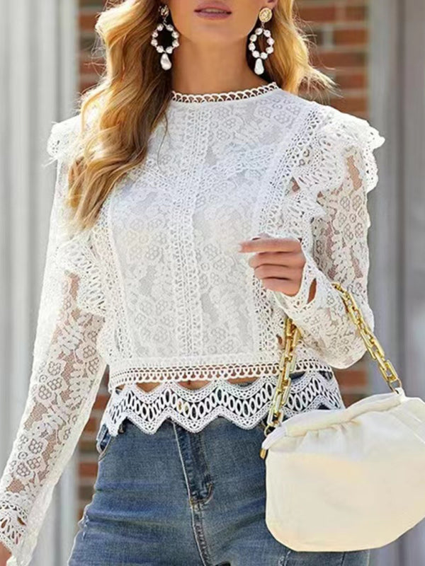 Blouses- Feminine Delight Women's Long Sleeves Lace Blouse - Elegantly Charming- - IndioGear Fashion and Gear