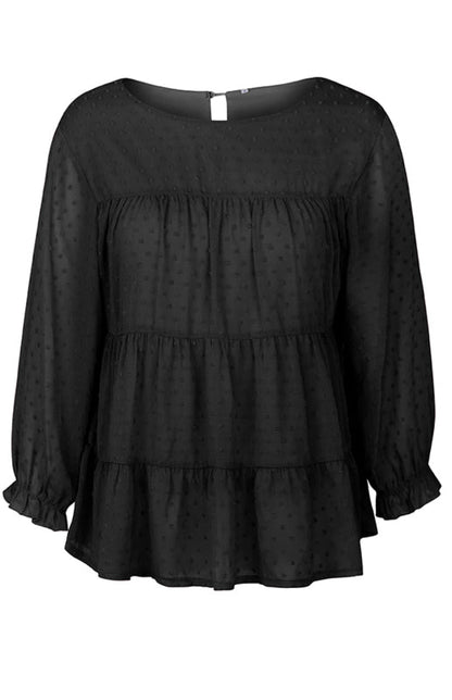 Blouses- Feminine Flair: Women's Swiss Dot Jacquard Tiered Ruffle Blouse - Top- - IndioGear Fashion and Gear