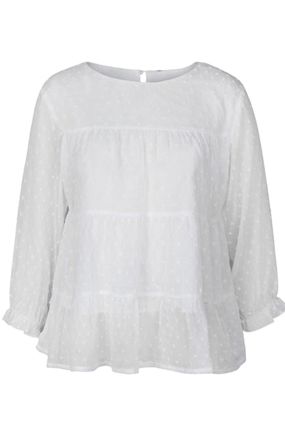 Blouses- Feminine Flair: Women's Swiss Dot Jacquard Tiered Ruffle Blouse - Top- - IndioGear Fashion and Gear