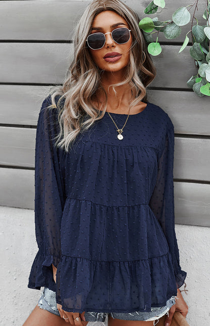 Blouses- Feminine Flair: Women's Swiss Dot Jacquard Tiered Ruffle Blouse - Top- Navy blue- IndioGear Fashion and Gear