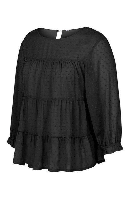 Blouses- Feminine Flair: Women's Swiss Dot Jacquard Tiered Ruffle Blouse - Top- - IndioGear Fashion and Gear