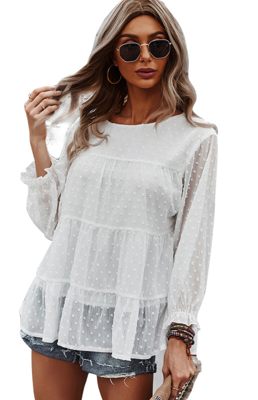 Blouses- Feminine Flair: Women's Swiss Dot Jacquard Tiered Ruffle Blouse - Top- - IndioGear Fashion and Gear