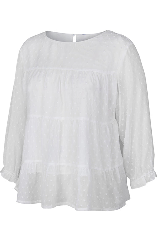 Blouses- Feminine Flair: Women's Swiss Dot Jacquard Tiered Ruffle Blouse - Top- - IndioGear Fashion and Gear