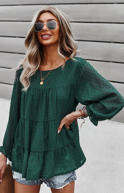 Blouses- Feminine Flair: Women's Swiss Dot Jacquard Tiered Ruffle Blouse - Top- Dark green- IndioGear Fashion and Gear