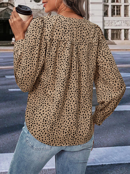 Blouses- Fierce Leopard Print Blouse - Long Sleeve Top with Button-Down Cuffs- - Pekosa Women Clothing