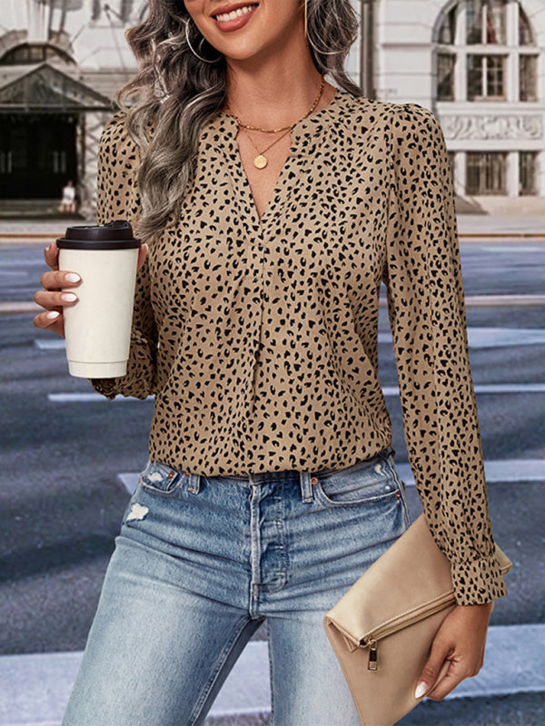 Blouses- Fierce Leopard Print Blouse - Long Sleeve Top with Button-Down Cuffs- - Pekosa Women Clothing