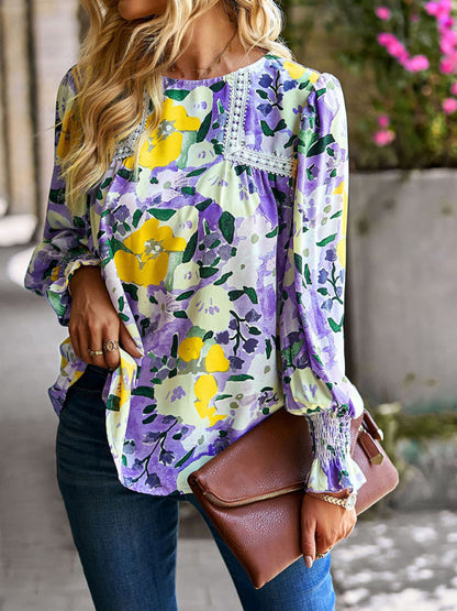 Blouses- Floral Beauty: Tunic Top with Long Sleeves and Charming Ruffle Cuffs- Purple- IndioGear Fashion and Gear