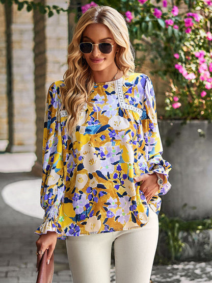 Blouses- Floral Beauty: Tunic Top with Long Sleeves and Charming Ruffle Cuffs- - IndioGear Fashion and Gear