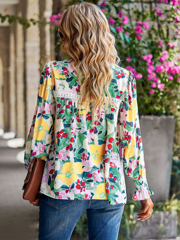 Blouses- Floral Beauty: Tunic Top with Long Sleeves and Charming Ruffle Cuffs- - IndioGear Fashion and Gear