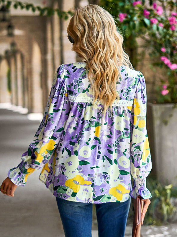 Blouses- Floral Beauty: Tunic Top with Long Sleeves and Charming Ruffle Cuffs- - IndioGear Fashion and Gear