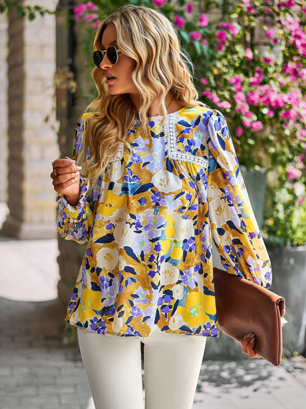 Blouses- Floral Beauty: Tunic Top with Long Sleeves and Charming Ruffle Cuffs- - IndioGear Fashion and Gear