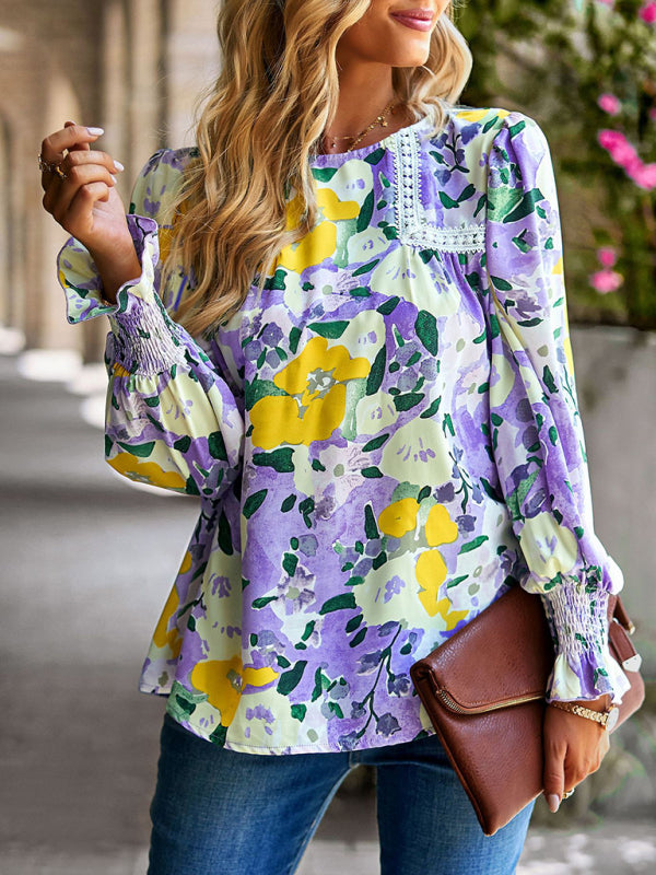 Blouses- Floral Beauty: Tunic Top with Long Sleeves and Charming Ruffle Cuffs- - IndioGear Fashion and Gear