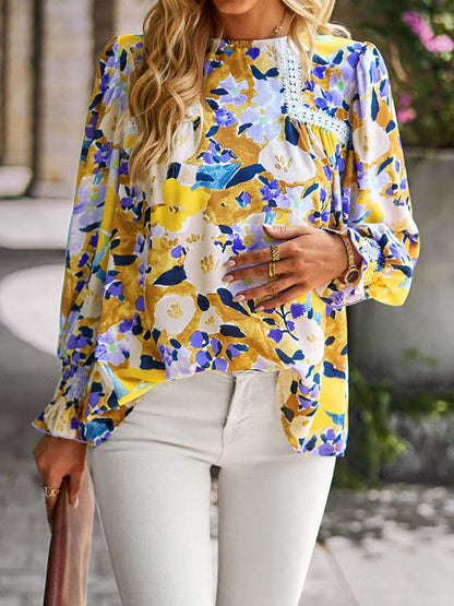 Blouses- Floral Beauty: Tunic Top with Long Sleeves and Charming Ruffle Cuffs- - IndioGear Fashion and Gear