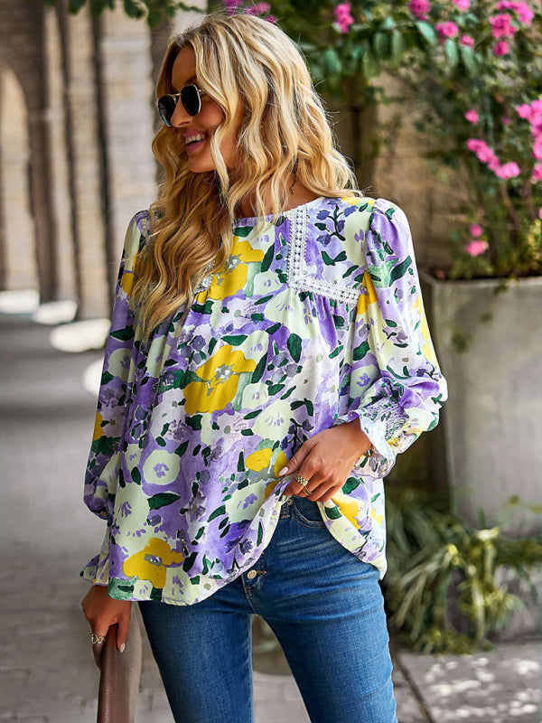 Blouses- Floral Beauty: Tunic Top with Long Sleeves and Charming Ruffle Cuffs- - IndioGear Fashion and Gear