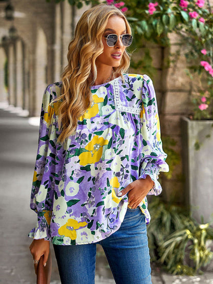 Blouses- Floral Beauty: Tunic Top with Long Sleeves and Charming Ruffle Cuffs- - IndioGear Fashion and Gear