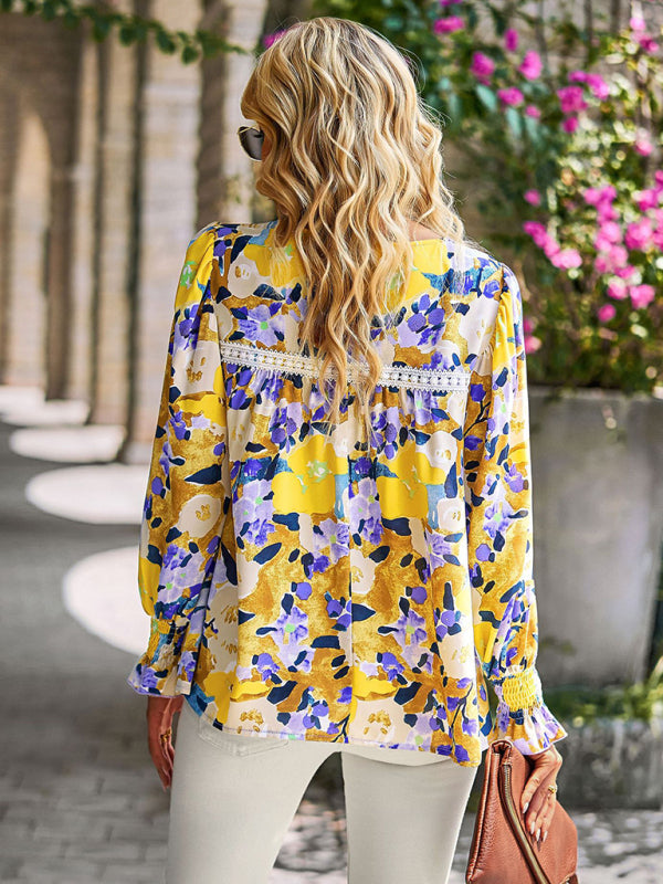 Blouses- Floral Beauty: Tunic Top with Long Sleeves and Charming Ruffle Cuffs- - IndioGear Fashion and Gear