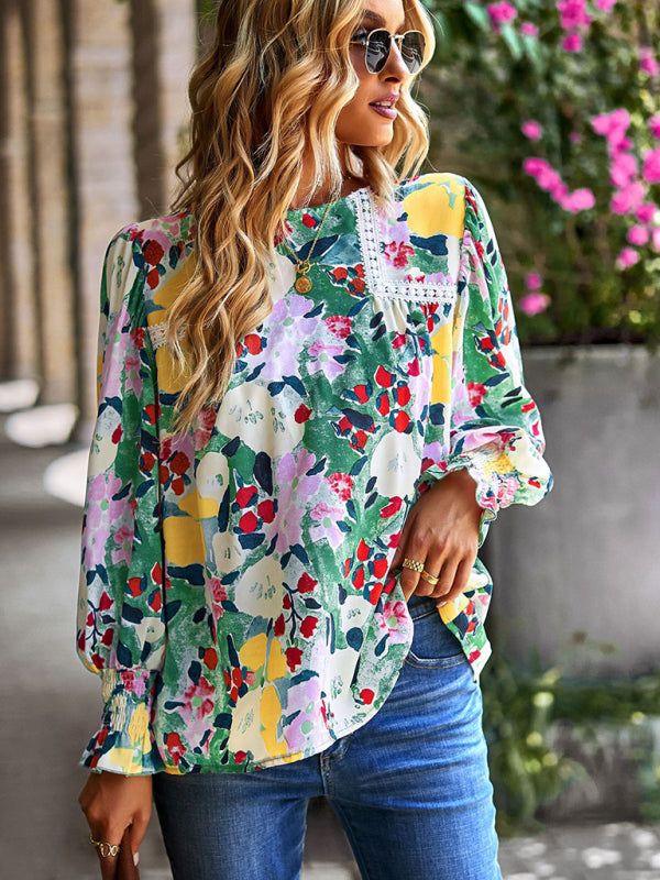 Blouses- Floral Beauty: Tunic Top with Long Sleeves and Charming Ruffle Cuffs- - IndioGear Fashion and Gear