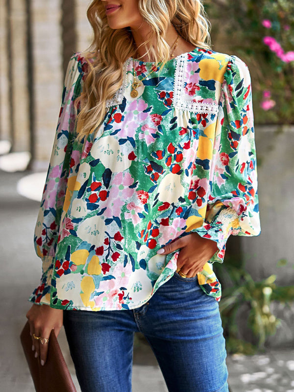 Blouses- Floral Beauty: Tunic Top with Long Sleeves and Charming Ruffle Cuffs- Green- IndioGear Fashion and Gear