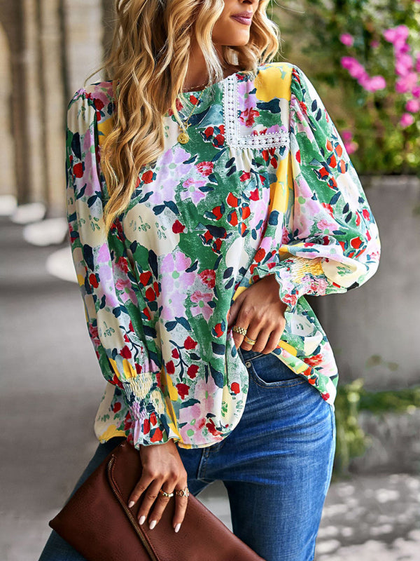 Blouses- Floral Beauty: Tunic Top with Long Sleeves and Charming Ruffle Cuffs- - IndioGear Fashion and Gear