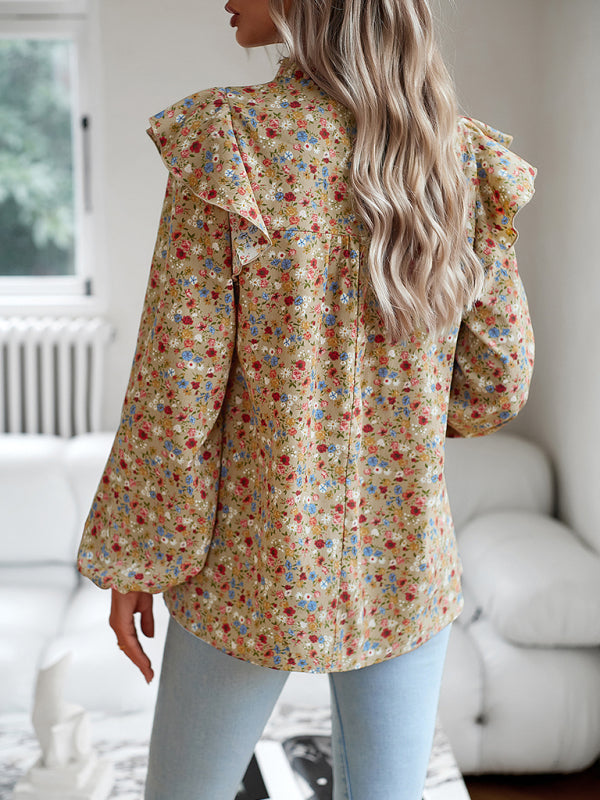 Blouses- Floral Bishop Sleeve Blouse - Ruffled Shoulders & Smocked Accents Top- - Pekosa Women Clothing