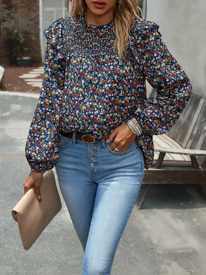 Blouses- Floral Bishop Sleeve Blouse - Ruffled Shoulders & Smocked Accents Top- - Pekosa Women Clothing