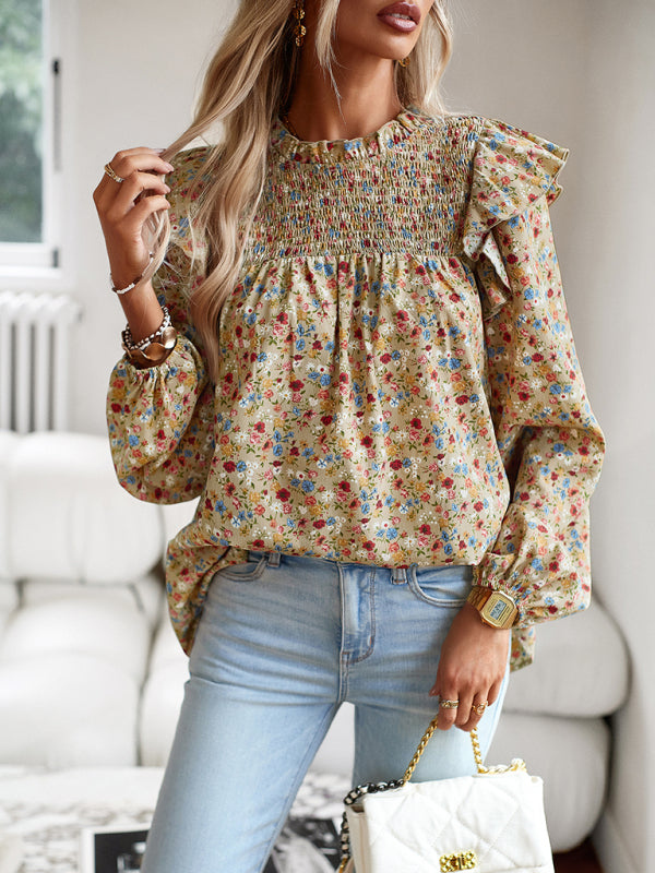 Blouses- Floral Bishop Sleeve Blouse - Ruffled Shoulders & Smocked Accents Top- Cracker khaki- Pekosa Women Clothing