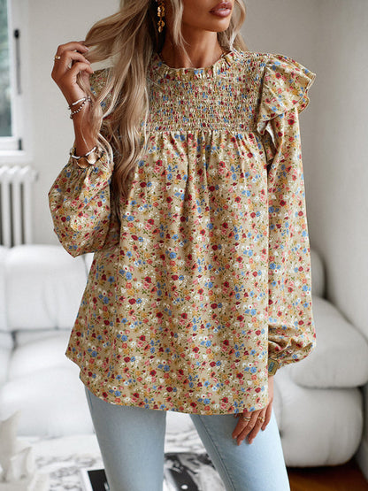 Blouses- Floral Bishop Sleeve Blouse - Ruffled Shoulders & Smocked Accents Top- - Pekosa Women Clothing