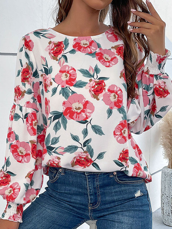 Blouses- Floral Elegance: Lantern Long Sleeves Blouse - Round Neck Tunic Top- - IndioGear Fashion and Gear