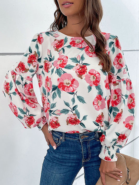 Blouses- Floral Elegance: Lantern Long Sleeves Blouse - Round Neck Tunic Top- White- IndioGear Fashion and Gear