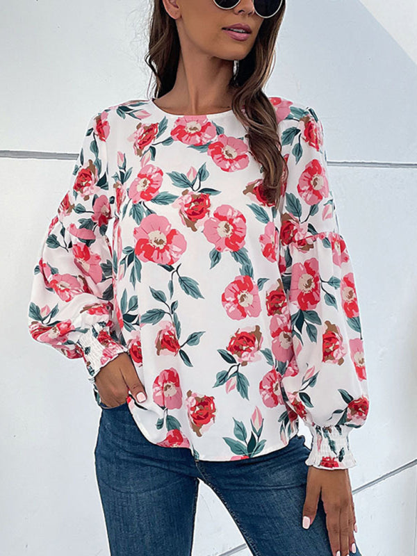 Blouses- Floral Elegance: Lantern Long Sleeves Blouse - Round Neck Tunic Top- - IndioGear Fashion and Gear