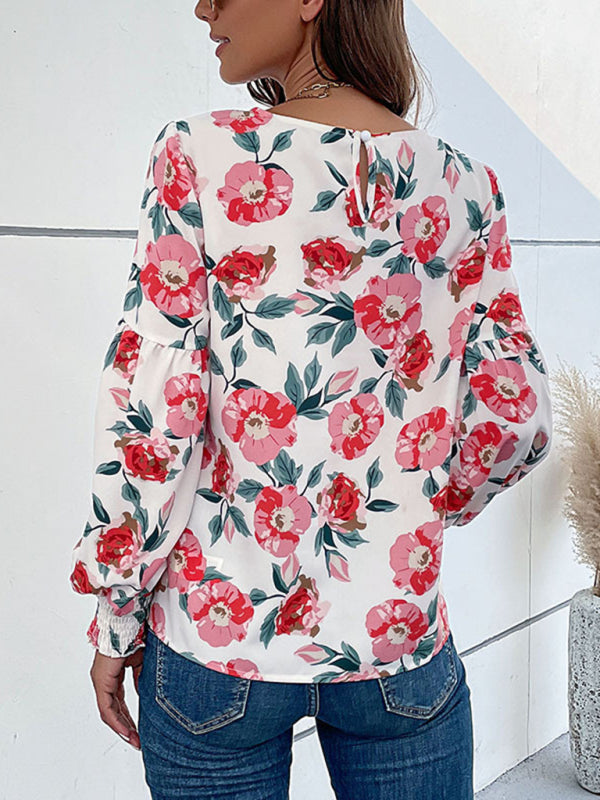 Blouses- Floral Elegance: Lantern Long Sleeves Blouse - Round Neck Tunic Top- - IndioGear Fashion and Gear