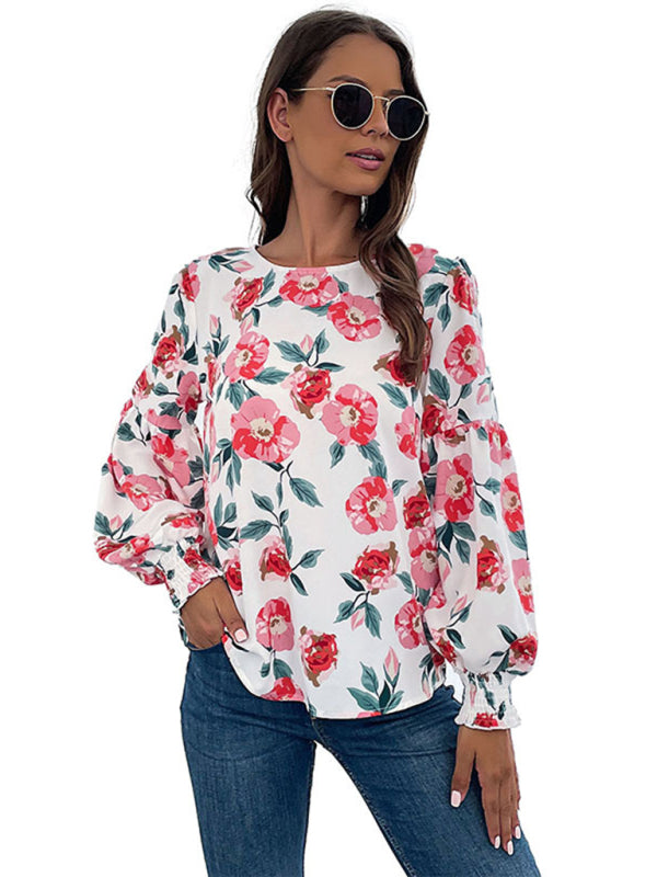 Blouses- Floral Elegance: Lantern Long Sleeves Blouse - Round Neck Tunic Top- - IndioGear Fashion and Gear