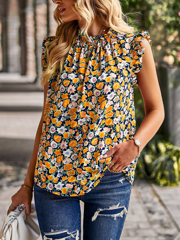 Blouses- Floral High Neck Tank Blouse - Keyhole Back Ruffle Accents Top- - Pekosa Women Clothing