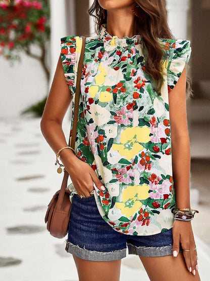 Blouses- Floral High Neck Tank Blouse - Keyhole Back Ruffle Accents Top- Green- Pekosa Women Clothing