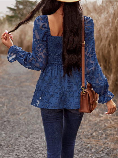 Blouses- Floral Jacquard Square Neck Peplum Blouse | Bishop Long Sleeves Top- - IndioGear Fashion and Gear