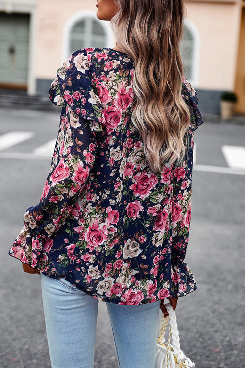 Blouses- Floral Lantern Sleeve Blouse - Ruffles & Smocked Top- - Pekosa Women Clothing