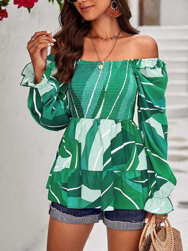 Blouses- Floral Lantern Sleeve Blouse: Smocked Top, Off-Shoulder Wear- - Pekosa Women Clothing