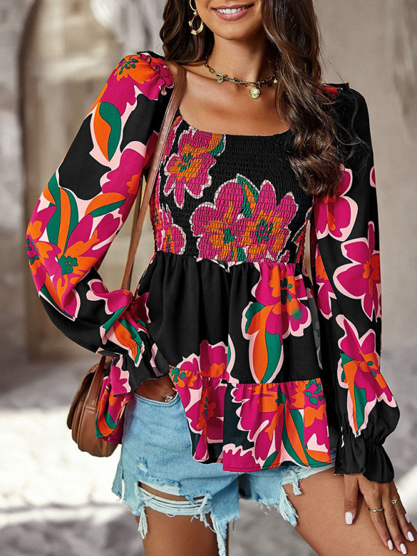 Blouses- Floral Lantern Sleeve Blouse: Smocked Top, Off-Shoulder Wear- Red- Pekosa Women Clothing