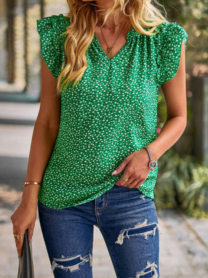 Blouses- Floral Notch Neck Blouse - Ruffle Layered Cap Sleeve Top- Green- Pekosa Women Clothing