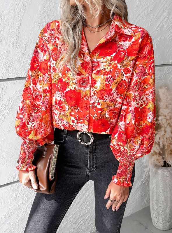 Blouses-Floral Print Blouse | Elegant Button-Up Shirt with Long Sleeves-Pekosa Women Clothing